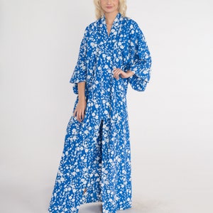 Blue Floral Kimono 80s Long Robe Open Front Maxi Jacket Japanese Full Length House Coat Flower Print Cotton Vintage 1980s Extra Large xl