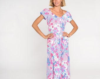 Bright Floral Dress 80s Midi Dress Retro Summer Dress Short Sleeve Button Up Day Embossed Casual Pink Blue Purple 1980s Vintage Medium