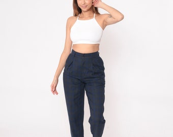 Tapered Plaid Trousers 80s Pleated Pants Blue Charcoal Grey Tartan High Waisted Trousers Checkered 1980s Vintage Palmettos Extra Small xs