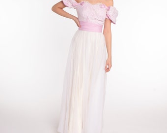 May include: A white and pink off-the-shoulder maxi dress with a lace bodice and a satin sash.