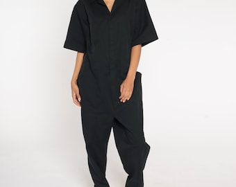 Black Coveralls 90s Retro Workwear Jumpsuit Pants Boiler Suit Short Sleeve Boilersuit Pantsuit Vintage 1990s Men's Large L