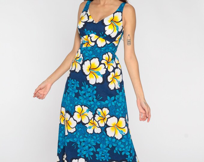 Hawaiian Maxi Dress 70s Hippie Blue Floral Print Long Tropical Bohemian ...