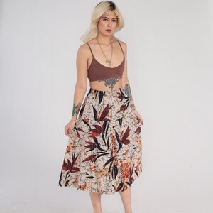 Vintage 80s Midi Skirt Retro Floral Summer Skirt Button Up Abstract Marbled Leaf Print Bohemian Hippie High Waisted Beige 1980s Small Medium