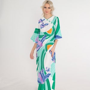 70s Butterfly Dress Maxi Dress Long Asian Japanese Wide Sleeve Groovy Print Festival White Green Purple Caftan Button Up Vintage 1970s XS