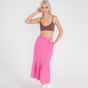 Bright Pink Pleated Skirt 90s Midi High Waist Skirt Preppy Secretary Skirt Formal Lolita Vintage 1990s Plain Cotton Linen Extra Small XS