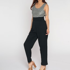 90s Jumpsuit Black Metallic Silver Playsuit Sleeveless Party Jumpsuit Wide Leg 1990s Vintage Pantsuit Plain Basic High Waist Medium 8