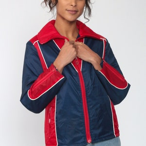 Puffer Jacket Blue Ski Jacket Retro 80s Striped Puffy Coat Winter 70s Color Block STRIPED Red 1980s Hipster 1970s Puff Zip Up Extra Small xs