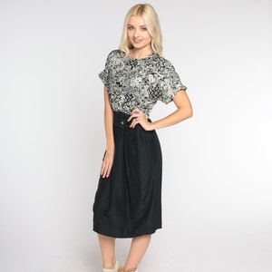 Silk Pencil Dress 90s Black White Midi Dress Abstract Floral Paisley Print Sheath Short Sleeve Retro Belted Secretary Vintage 1990s Small 6
