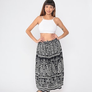 Black and White Floral Skirt 90s Broomstick Midi Skirt Grunge Flower Print Summer Flowy Drawstring Waist Cotton Vintage 1990s Small Medium
