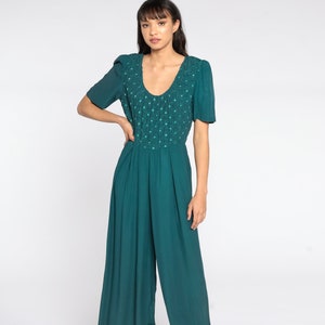 Wide Leg Jumpsuit 90s Green Jumpsuit 80s Puff Sleeve Pleated Pantsuit Button Up Vintage Romper Pants 1990s Embroidered Large 12