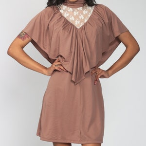 70s Lace Dress Mini Cape Bib Mocha Boho Dress 1970s Grecian Goddess Draped Capelet Dress Bohemian Wedding Vintage Disco Flutter Dress Small