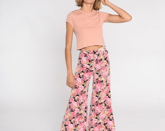Floral Bell Bottom Pants Pink Black Velvet Pants Bohemian 70s Hippie Trousers Flared Pants High Waisted Boho Festival Extra Small xs