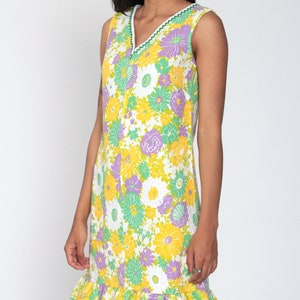 Flower Power Dress 70s Floral Mod Mini Hippie Yellow Green Psychedelic 60s Shift Dress Twiggy Front Zip Vintage Sleeveless Bright Small 4