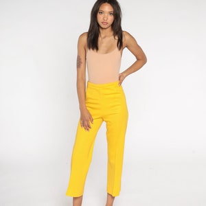 70s Straight Leg Pants 1970s Bright Yellow Ankle Length Trousers Boho Hippie High Rise Elastic Waist Vintage Seventies Creased Small S