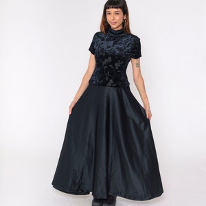 90s Black Party Dress Velvet Burnout Maxi Dress Leaf Print Drop Waist Dress Short Sleeve 1990s Gothic Vintage Mock Neck Ankle Length Small 6