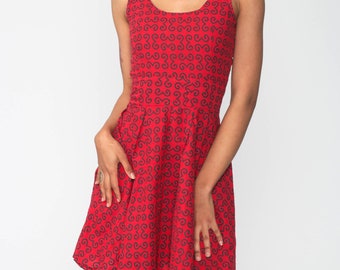 90s Babydoll Dress Red Mini Geometric High Waist 1990s Vintage Boho Sleeveless Fit and Flare Dress Extra Small xs