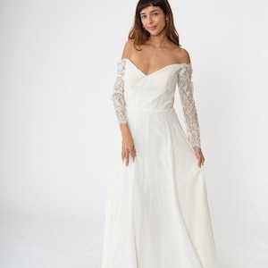 Vintage Christina Wu Wedding Dress Y2K Off Shoulder Chiffon Lace Bridal Gown Sweetheart Neckline Maxi Princess Long sleeve 00s Large 14