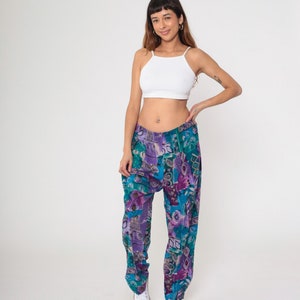 90s Parachute Pants Geometric Leaf Print Pants Gold Trim Baggy Lounge Pants Purple Green Abstract Vintage Elastic Waist Casual 1990s 1x