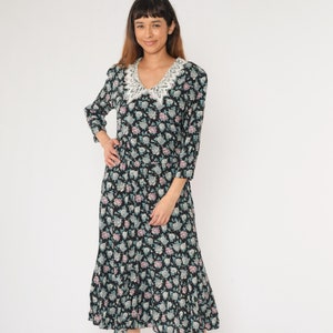 Vintage Floral Dress 80s 90s Lace Collar Dress Midi Puff Sleeve Granny Dress Black Blue Wildflower High Waisted Boho 1990s Large 12