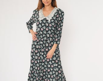 Vestido floral vintage de los años 80 y 90, vestido con cuello de encaje, vestido midi de abuela con mangas abullonadas, negro, azul, flores silvestres, cintura alta, estilo bohemio, años 90, talla grande 12