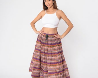 Saia geométrica listrada vassoura anos 90 Capezio saia midi roxo laranja verde cordão cintura fluido boho algodão vintage anos 90 pequeno médio