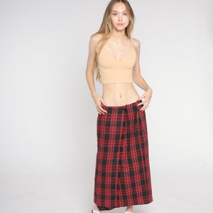 Vintage Wool Plaid Midi Skirt 80s School Girl Skirt Faux Wrap Red Black Tartan Button Up Preppy Grunge Checkered Kilt Uniform 1980s Medium