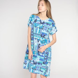 Vintage Boho Mini Dress 90s Blue Geometric Floral Print Dress Grunge Flower Print Shift Short Sleeve Minidress Retro 1990s Extra Large L XL