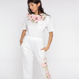 Floral Jumpsuit 80s Hand Painted White Pantsuit Pink Floral Print Vintage Romper 90s High Waisted Button Up Short Sleeve Extra Small XS