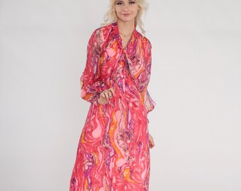 70s Maxi Dress Pink Marble Print Dress Retro Psychedelic Gown Long Sleeve High Waist Neck Tie Purple Orange Vintage 1970s Keyhole Small S