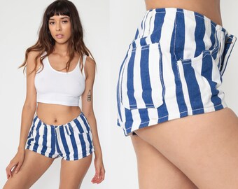 blue and white striped denim shorts