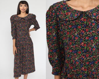 80s gray silk midi dress paisley puff sleeve dress peter pan collar shirtdress