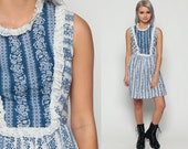 70s Mini Dress Floral Mini LACE Mod Babydoll Bib 60s Boho Hippie Striped Flower Print Vintage High Blue White Sleeveless Extra Small xs
