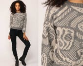 Grunge Sweater Geometric 80s Grey Print Knit Jumper 90s Hipster Statement Vintage Pullover Retro Gray White Small