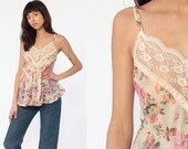 Sexy Pajama Top Floral Camisole Lingerie Lace Tank 80s Cami Top Boho Romantic Pink Purple Rose Spaghetti Strap Vintage 1980s Extra Small xs