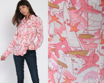 70s Bird Shirt Brown Boho Shirt Bohemian Top Swallow Shirt Geometric Novelty Print Button Up 1970s Hippie Long Sleeve Vintage Medium