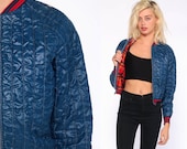 Quilted Bomber Jacket 80s Dark Blue Baseball Jacket Plaid Lined Ski Jacket Puffy Retro Coat 1980s Hipster Nylon Vintage Puff Extra Small xs