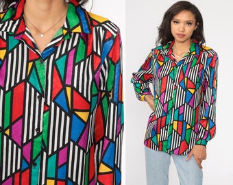 Medium Shiny 80s Shirt 80s Color Block Blouse 80s Bat Wing Sleeves Vintage Color Block Top 90s Satin Blouse