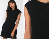 Black Mini Dress 70s Party Dress Plain Formal Mod Dress 60s Hourglass Dress High Waisted Retro Cap Sleeve 1970s Vintage Small