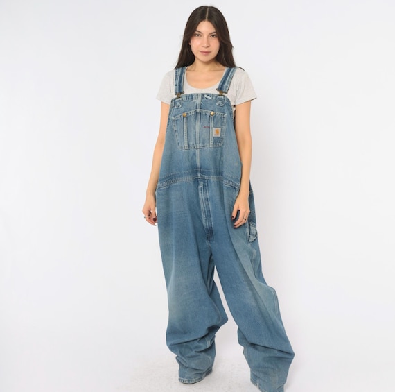 90s Carhartt Denim Overalls Blue Jean Dungarees Bib Carpenter Baggy Wide Leg Workwear Utility Grunge Unisex Jumpsuit Vintage Extra Large XL