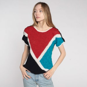 80s Knit Top Color Block Shirt Short Sleeve Sweater Top Red Black Bohemian Retro Tee Vintage 1980s Ramie Cotton Small S image 2