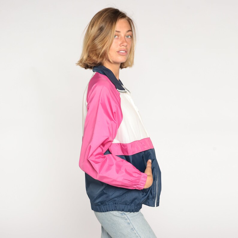 Color Block Windbreaker 90s Zip Up Jacket Retro Pink White Blue Striped Lightweight Shell Hipster Streetwear Nylon Vintage 1990s Medium M image 5