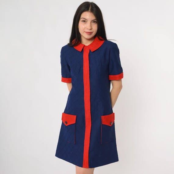 60s Mod Dress Navy Red Vintage Colorblock Nautical Style Front Button Pockets Peter Pan Collar Go Go Shift Style Twiggy Fashion Medium M