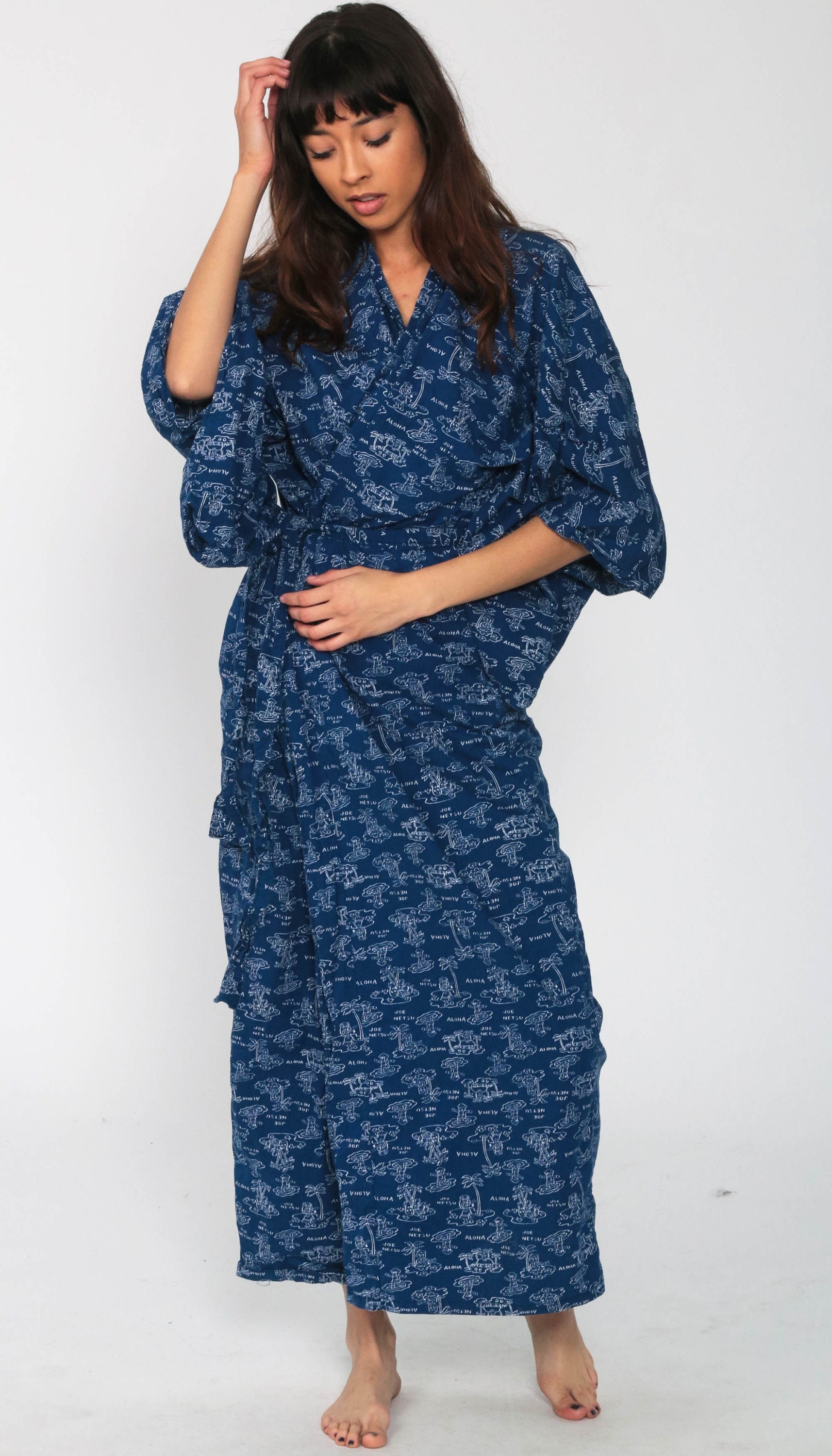 Hawaiian Kimono Robe Cotton Maxi Robe White Print Bohemian Lingerie