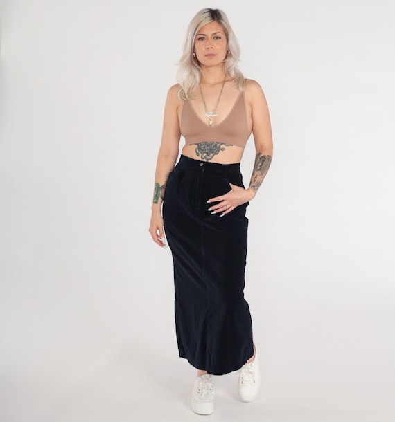Vintage Black Velvet Skirt 90s Long Maxi Pencil Skirt Simple High Waisted Skirt Goth Party Retro Boho Chic Gothic Plain 1990s Small 4