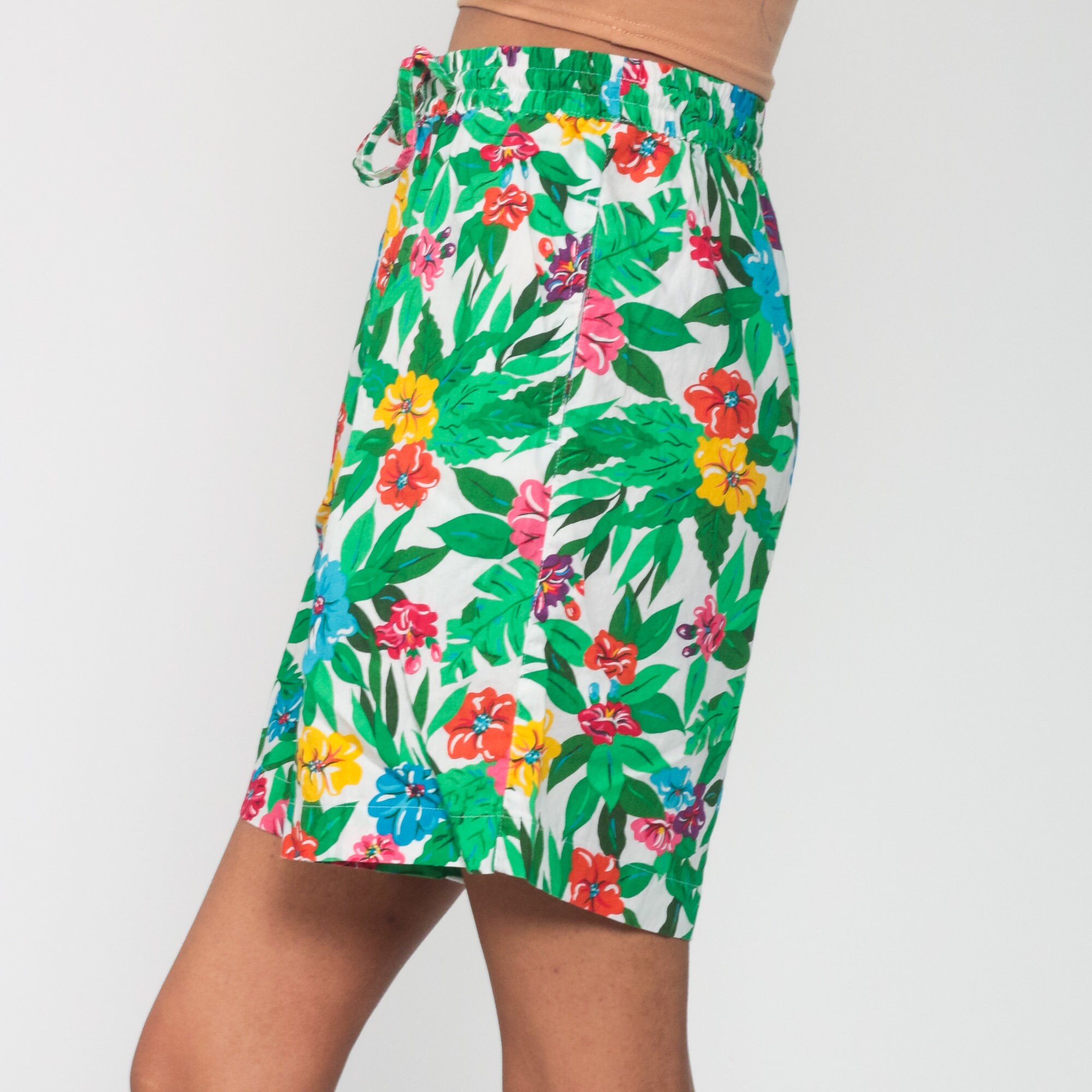 Tropical Floral Shorts 90s High Waisted Shorts Floral Summer Shorts Surfer Bright Green Shorts