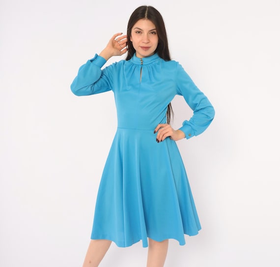 70s Blue Day Dress Long Sleeve Keyhole A Line Fit And Flare Gold Button Sky Blue Cuffed Back Zip Fitted Modest Bright Womens Vintage Small S