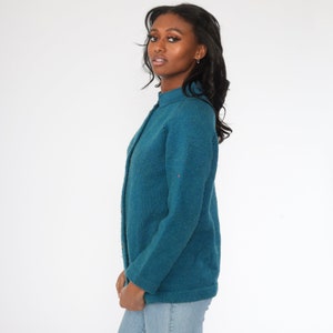 Blue Cardigan Sweater 70s Sweater Raglan Sleeve Plain Wool Blend Button Up Grandma Sweater Slouchy Boho Vintage 80s Bohemian Medium image 4
