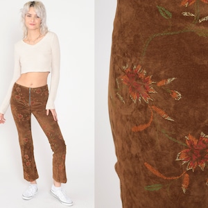 Y2K Faux Suede Pants Flared Embroidered Floral Pants Brown Low Rise Trouser Flared Hippie 00s Bohemian Festival Club Vintage 2xs xxs