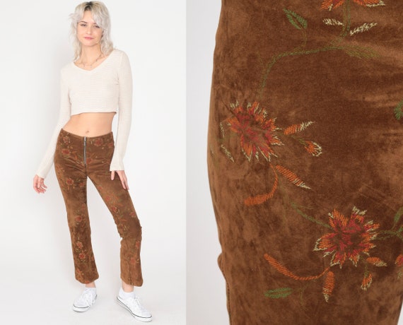 Y2K Faux Suede Pants Flared Embroidered Floral Pants Brown Low Rise Trouser Flared Hippie 00s Bohemian Festival Club Vintage 2xs xxs