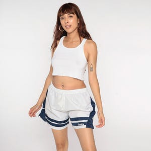 Vintage Diadora Soccer Shorts 90s Nylon Gym White Navy Blue Running Track Shorts Athletic 1990s Drawstring Waist Embroidered Logo Large L